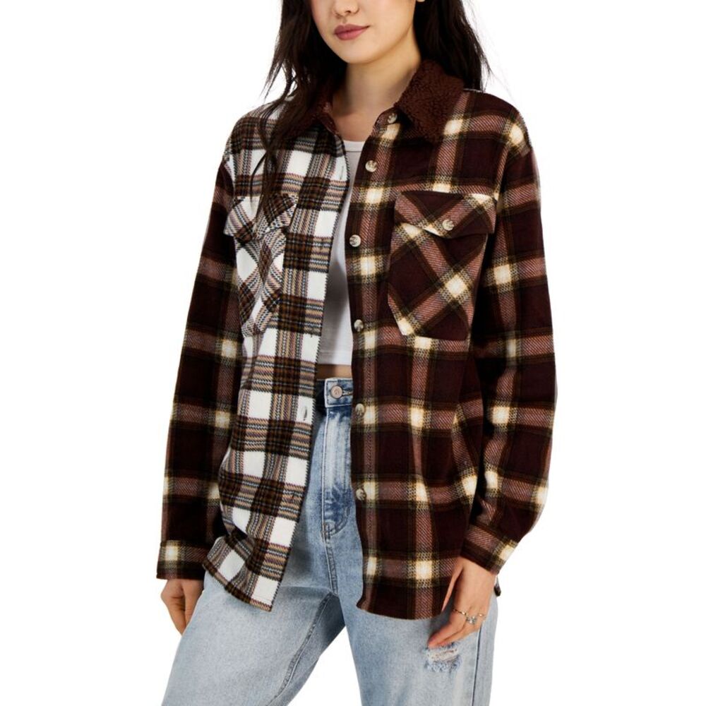 Just Polly Juniors' Plaid Polar Fleece Sherpa-Collar Shacket